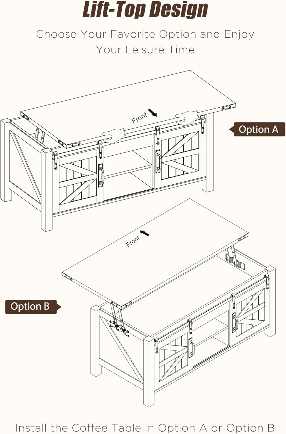 OKD 48" Farmhouse Lift Top Coffee Table, Sliding Barn Door, Antique White