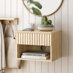 Floating Nightstand with Drawer and Open Shelf, Small Wall Mounted Bedside End Table, Modern Fluted Night Stand for Bedroom, Living Room, Light Oak