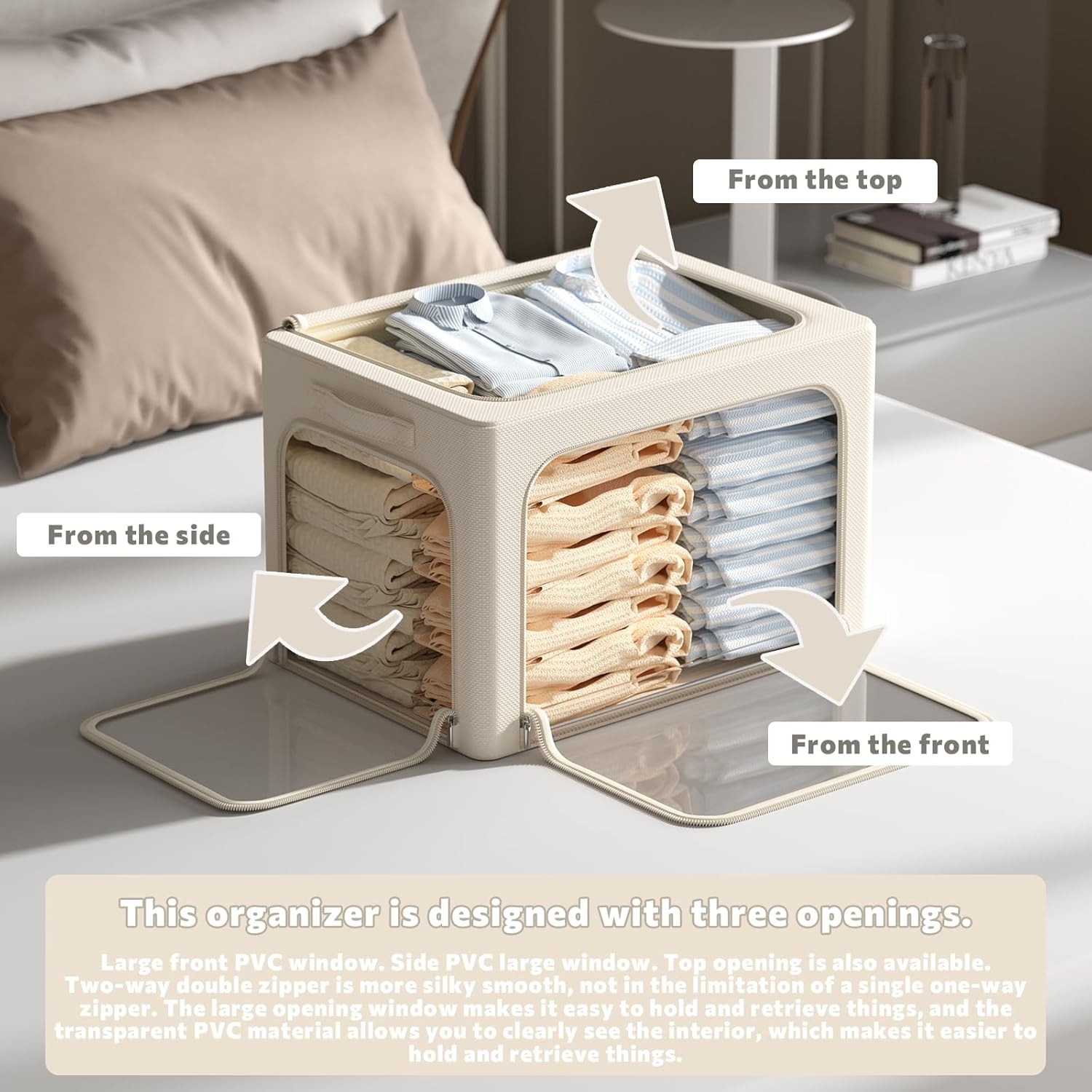 CYhom 3Pack Clothes Storage Bins - Oxford Frame Storage Box Foldable Stackable Storage Organizer with 3 Openings Design, Metal Frame, Clear Window, Carry Handles (66L-19.7 * 15.7 * 13, Beige)