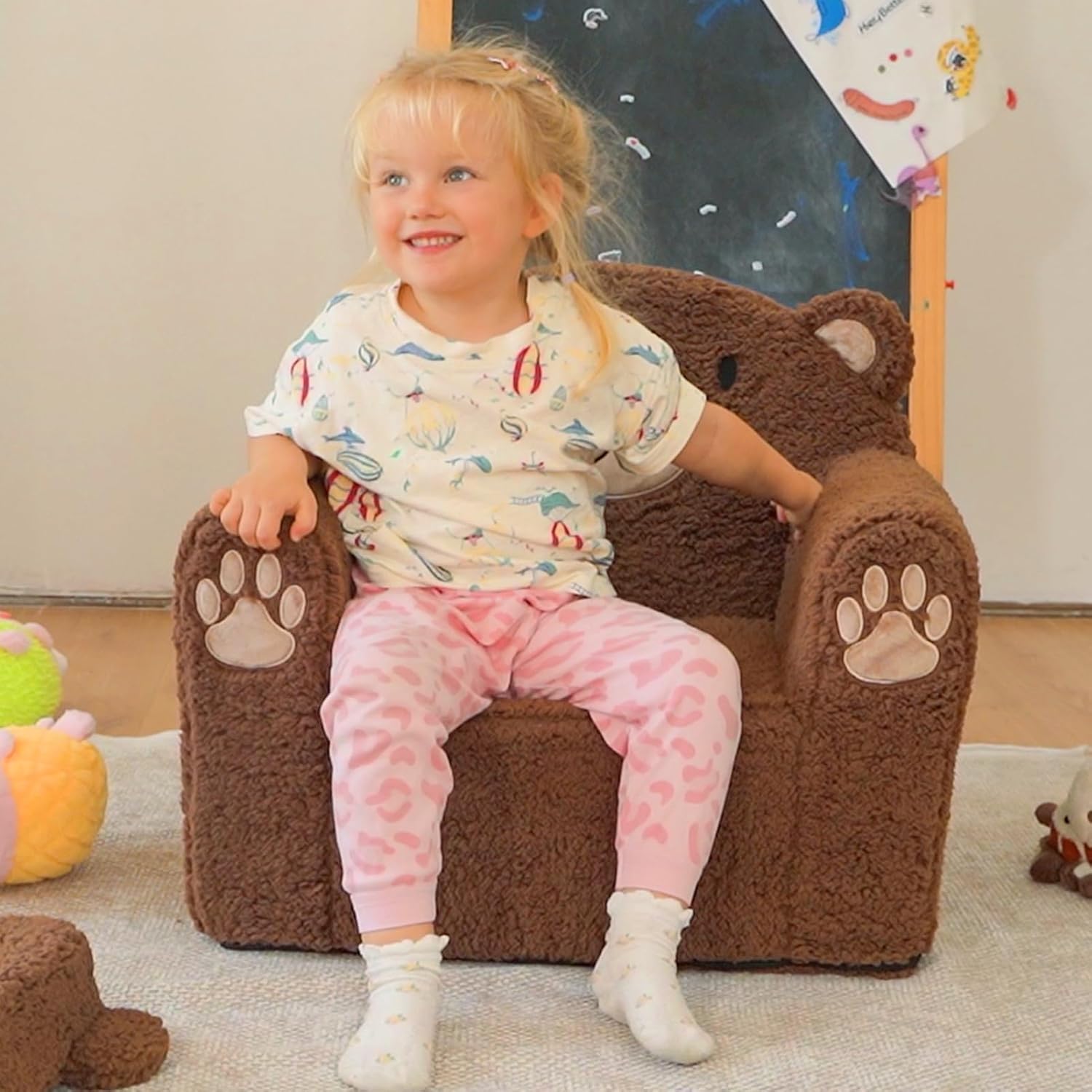 Sherpa Kids Armchair, Kids Sofa, Toddler Animal Brown Bear Reading Chair | Machine washable removable cover, lightweight foam lounge chair for toddlers ages 1–6, no assembly required