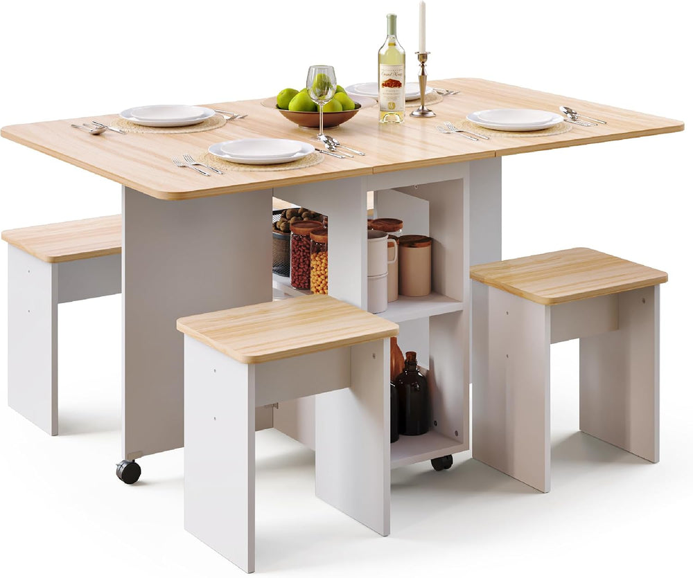Mondeer Folding Dining Table with 4 Chairs for Small Spaces, Oak and White | ...