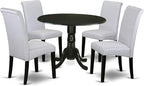 East West Furniture DLBA5-BLK-05 5 Piece Dining Set Includes a Round Dining Room Table with Dropleaf and 4 Grey Linen Fabric Upholstered Parson Chairs, 42x42 Inch, Black