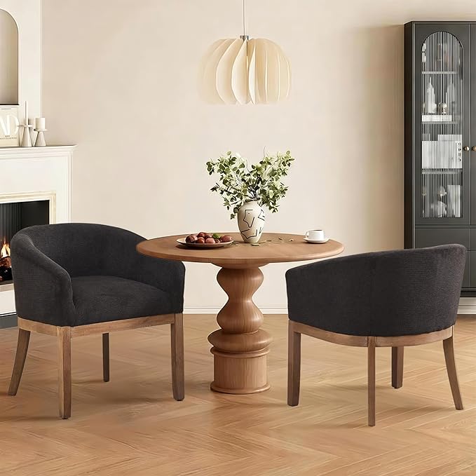 SoarFlash Mid Century Modern Upholstered Barrel Dining Chairs Set of 2, Farmhouse Linen Kitchen and Dining Room Chairs, with Natural Hardwood Frame (Black)