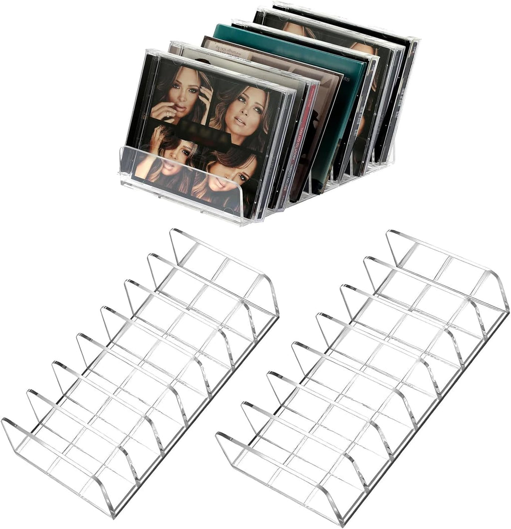 2 Pack Clear Acrylic CD Holder: CD Organizer & DVD/CD Rack - Vinyl Record Storage Holds up to 28 Standard CD Cases, CD Display Shelf for Media Music Collection and Desktop Storage