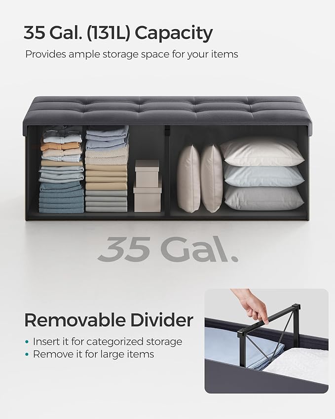 SONGMICS MAZIE Collection - 43 Inches Storage Ottoman Bench with Flipping Lid, Storage Chest with Iron Frame Support, Load 660 lb, for Living Room, Bedroom, Synthetic Leather, Dark Gray ULSF075G01