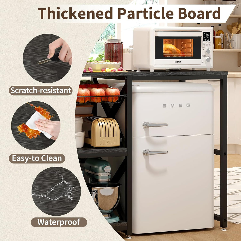 METYERRY Kitchen Bakers Rack with Power Outlet,Mini Fridge Cabinet with Mesh Basket, Mini Fridge and Microwave Table with Storage for Office,Kitchen,Living Room,Coffee Bar,Patio, Black