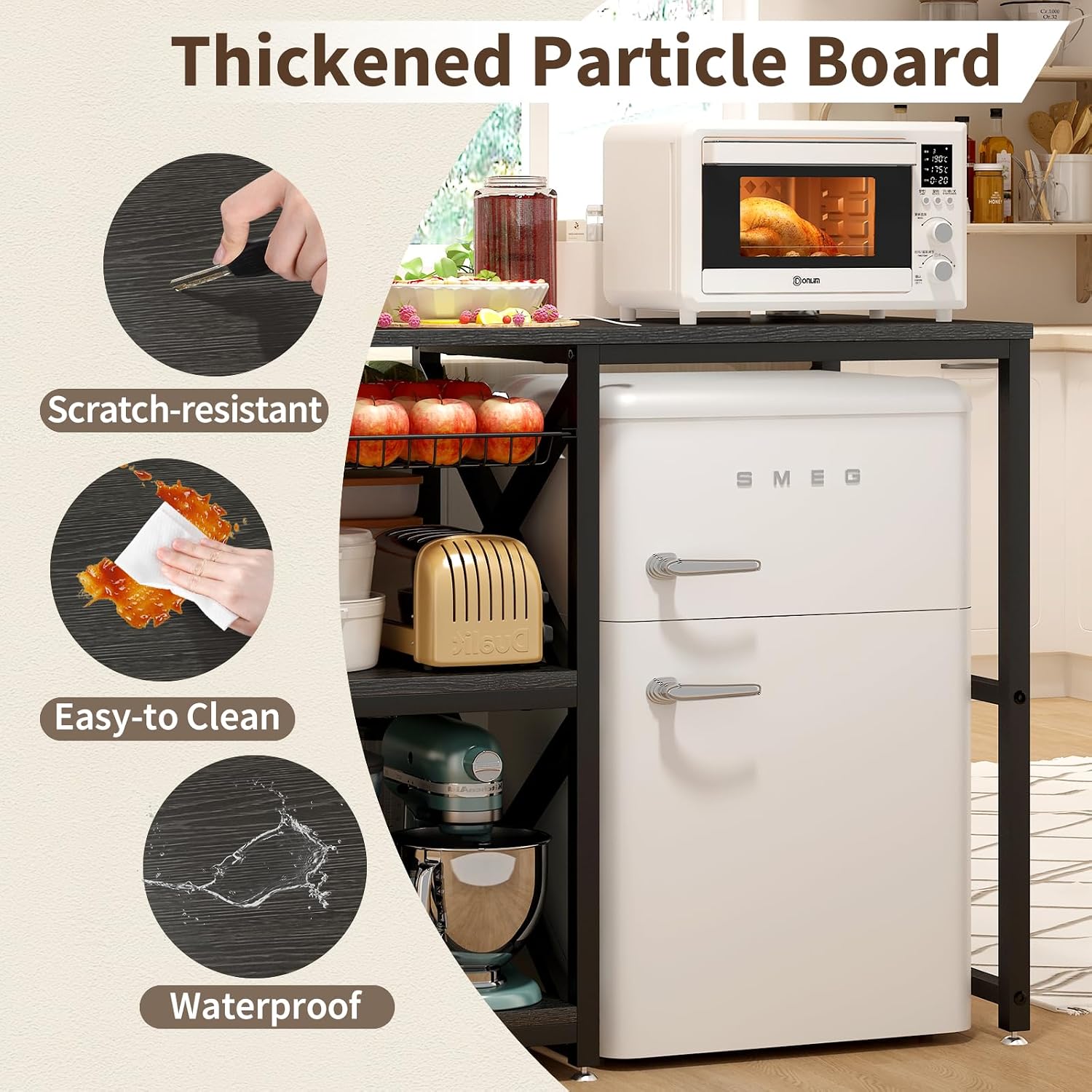 METYERRY Kitchen Bakers Rack with Power Outlet,Mini Fridge Cabinet with Mesh Basket, Mini Fridge and Microwave Table with Storage for Office,Kitchen,Living Room,Coffee Bar,Patio, Black