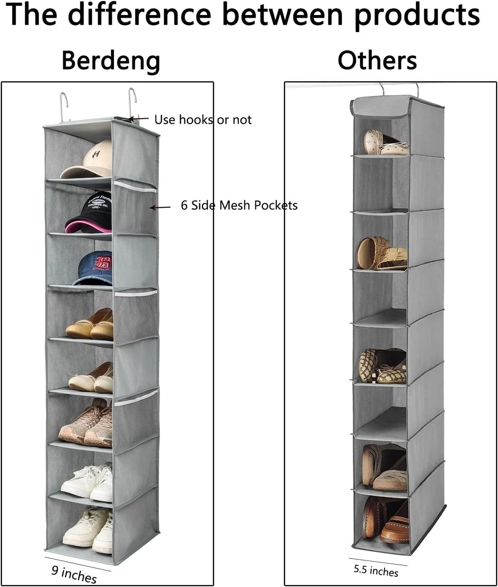 Berdeng Hanging Shoe Organizer for Closet with Side Mesh Pockets，Hat Racks for Baseball Caps，Shoe and Hat Holder & Storage，8-Shelf，Gray，1 Pack