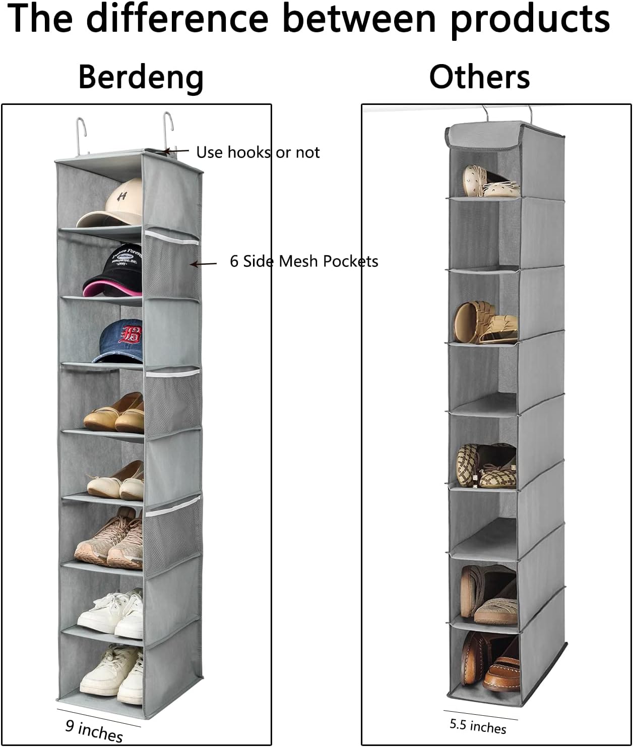 Berdeng Hanging Shoe Organizer for Closet with Side Mesh Pockets，Hat Racks for Baseball Caps，Shoe and Hat Holder & Storage，8-Shelf，Gray，1 Pack