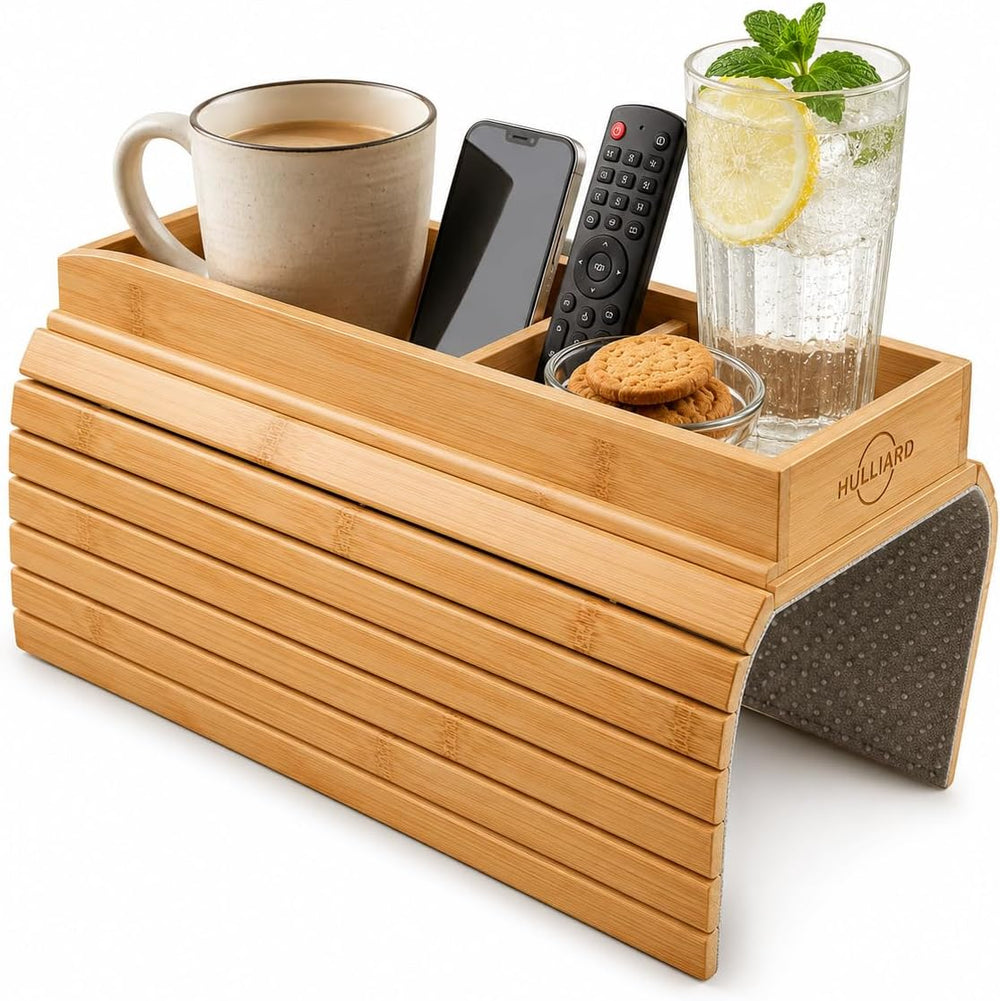 Bamboo Sofa Armrest Tray - Foldable Couch Arm Tray with Cup Holder - 2 in 1 A...