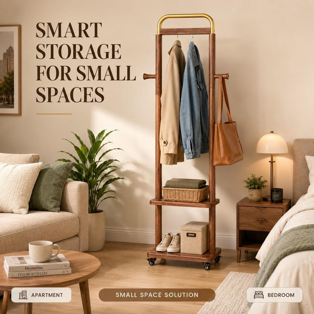 VetaDeMadera Wooden Coat Rack, Rolling Rack with Shelves
