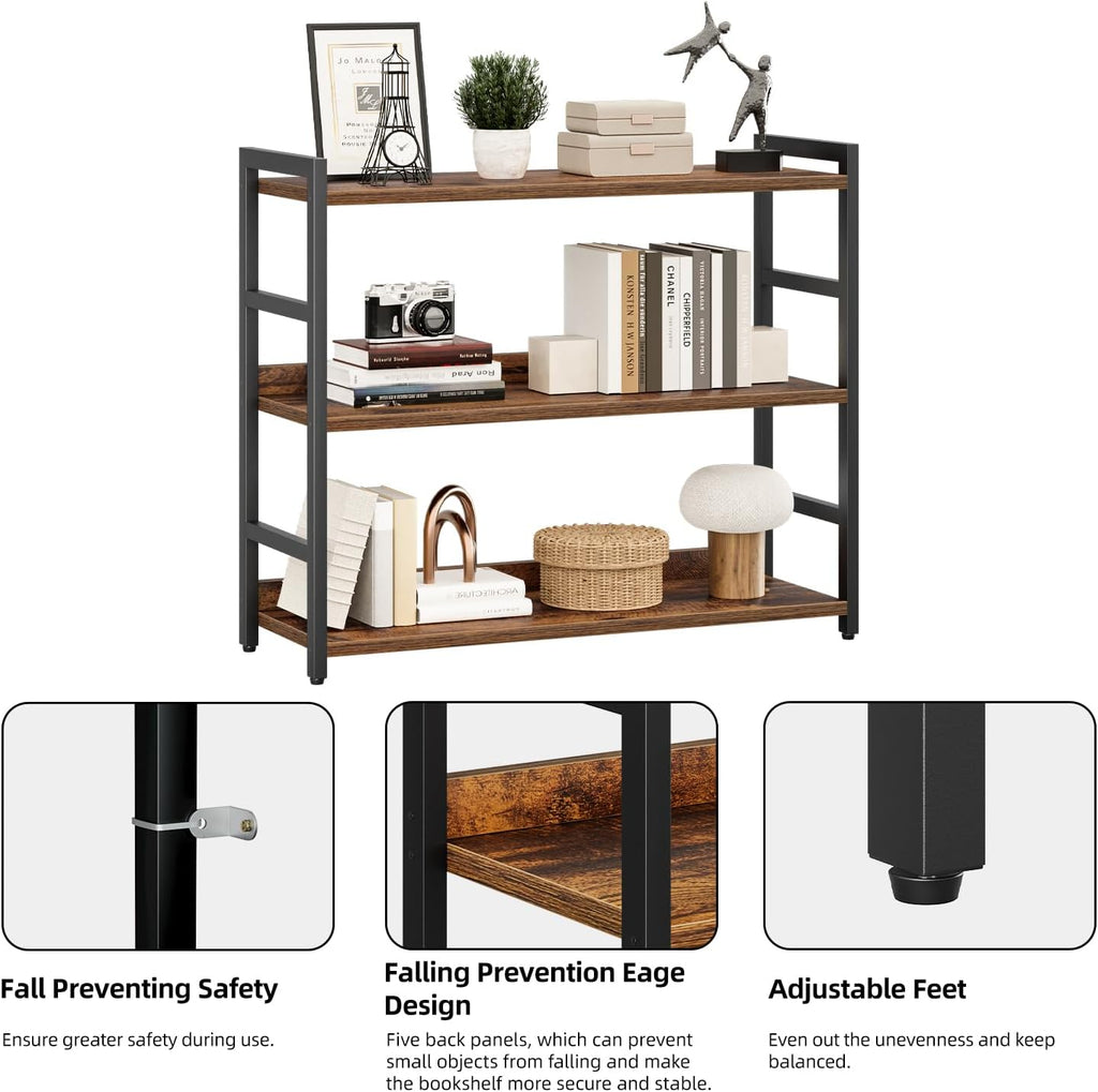 NUMENN Wide Bookshelf, 3 Tier Freestanding Shelving Unit, Vintage | Metal Frame & Wood Shelves, Falling Prevention Baffle, Open Storage Bookcase for Bedroom, Living Room & Home Office