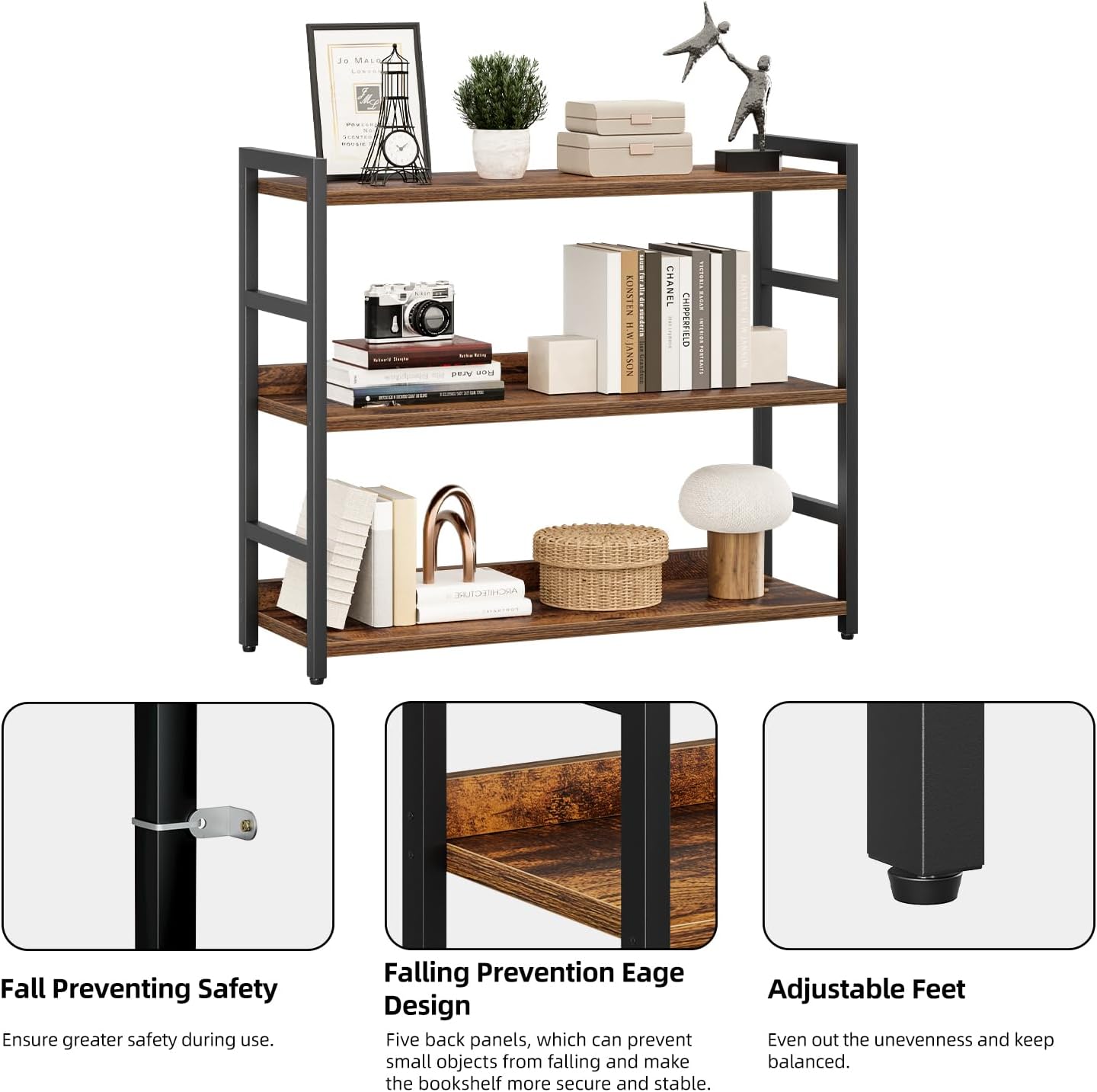 NUMENN Wide Bookshelf, 3 Tier Freestanding Shelving Unit, Vintage | Metal Frame & Wood Shelves, Falling Prevention Baffle, Open Storage Bookcase for Bedroom, Living Room & Home Office