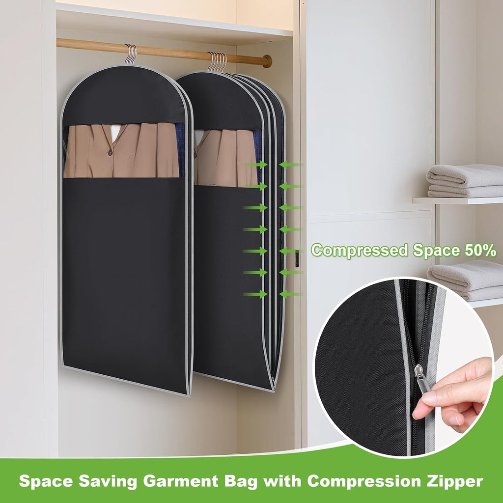 KEEGH Space Saving Hanging Garment Bag with Self Compression Zipper 50 Inch, Compression Garment Bags for Hanging Clothes with Clear Window, Suit Bags for Closet Storage (3 Pack)