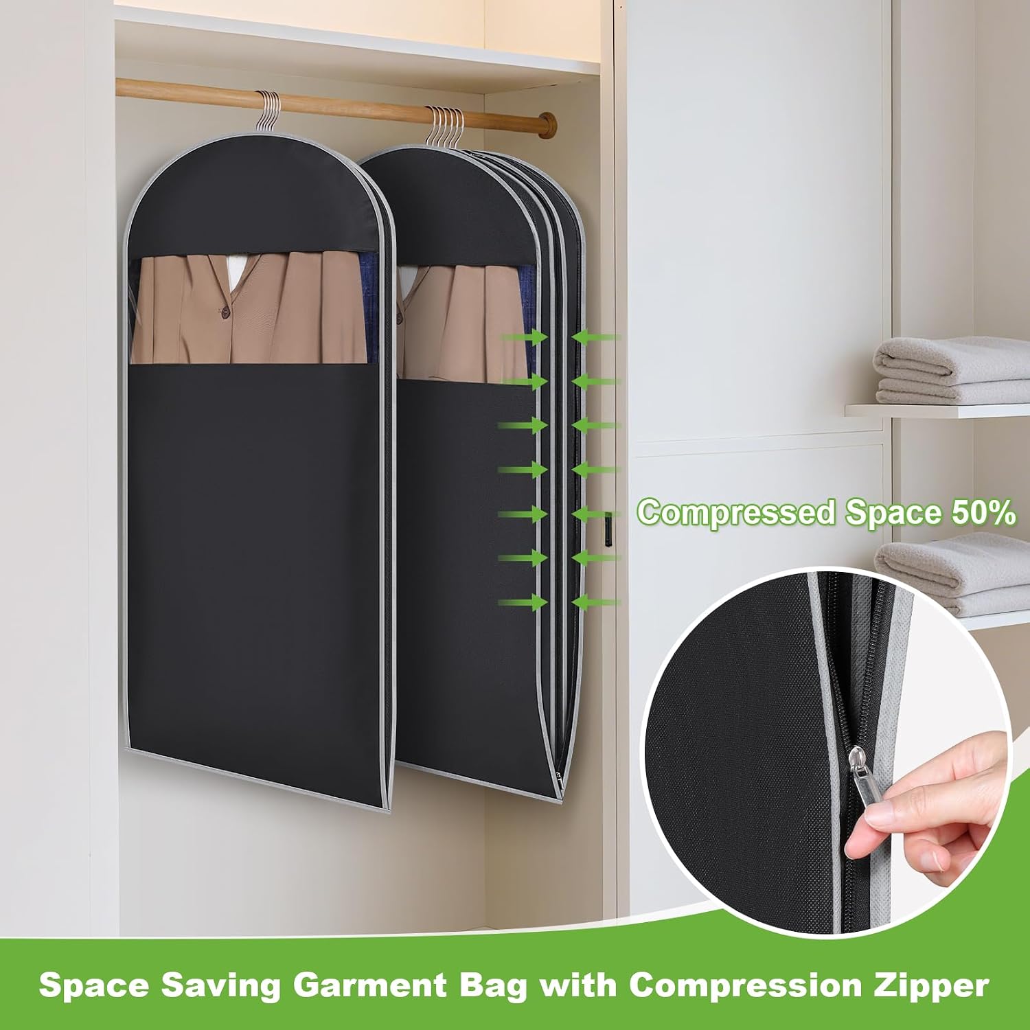 KEEGH Space Saving Hanging Garment Bag with Self Compression Zipper 50 Inch, Compression Garment Bags for Hanging Clothes with Clear Window, Suit Bags for Closet Storage (3 Pack)