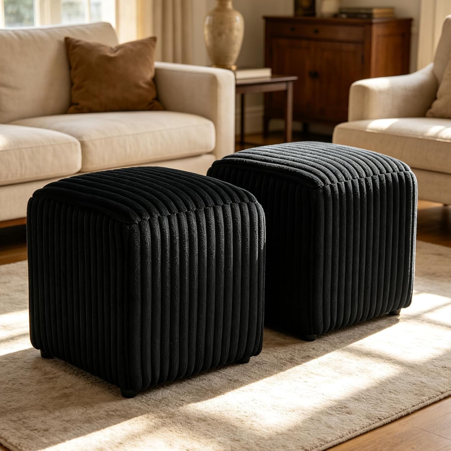 YDcosyfy Modern Cube Ottoman Set of 2, Corduroy Vanity Stool Footrest, Upholstered Stool for Makeup, Bedroom, Living Room, Black