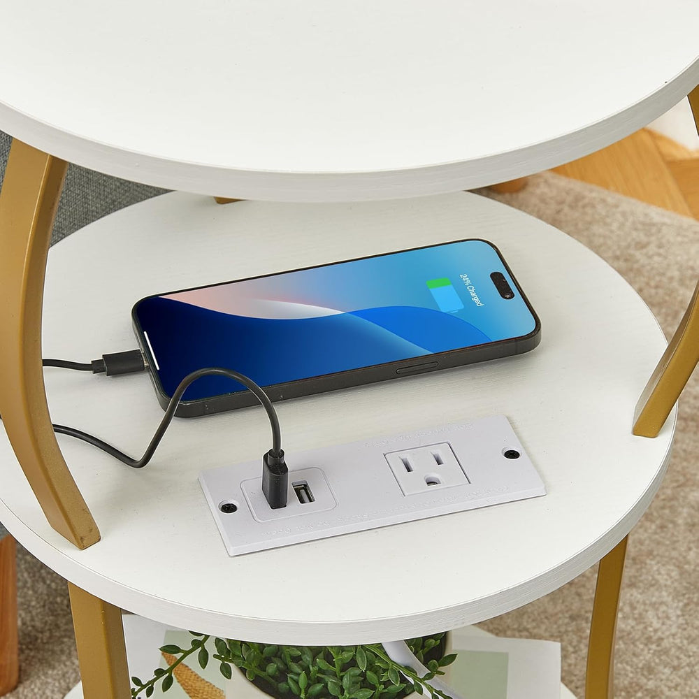 Small Round Side Table with Charging Station, 3-Tier Waist Circular End Table...