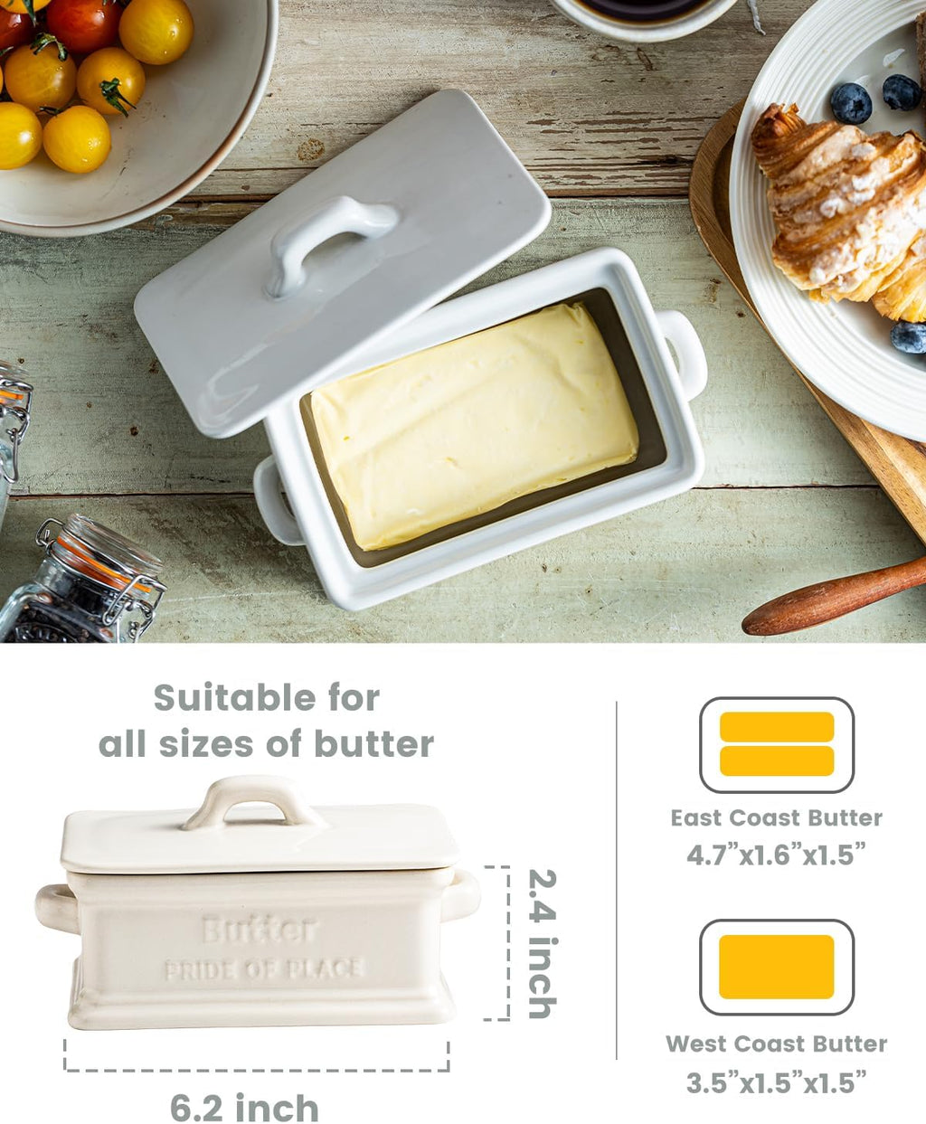 Butter Dish with Lid, Ceramic Butter Dish for Countertop Butter Holder Container Large Butter Keeper for East West Coast Butter, Thanksgiving, Christmas, White
