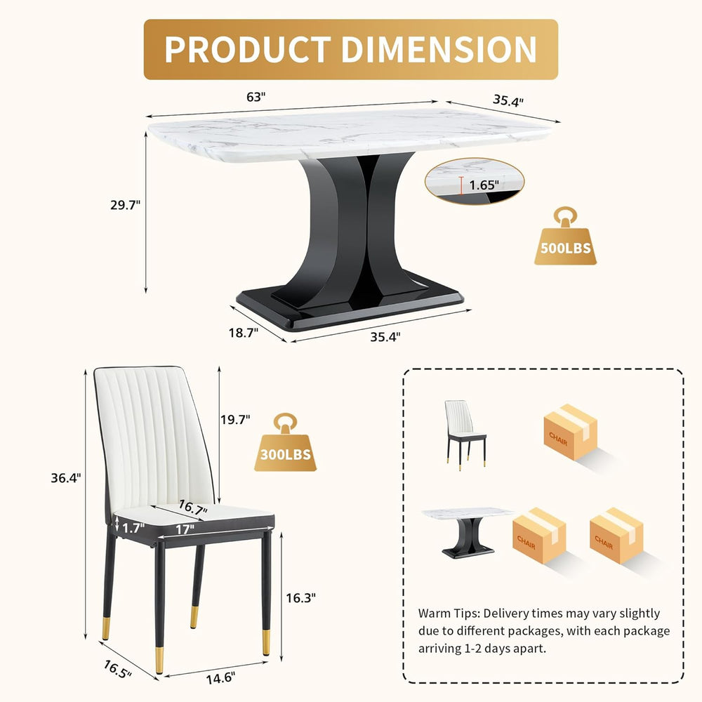 Modern Dining Table Set for 6, Marble Kitchen Table Chair Set for 6, Rectangu...