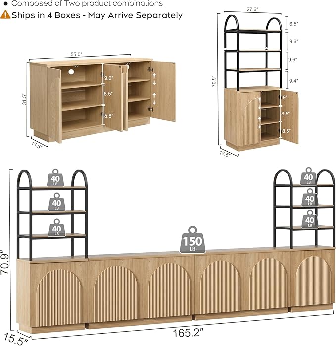 Yechen 165" Modular Entertainment Center with Bookshelves for up to 98", Mid Century Modern TV Stand with Storage, TV Cabinet with Adjustable Shelves, Living Room, Natutral Oak(4 PCS)