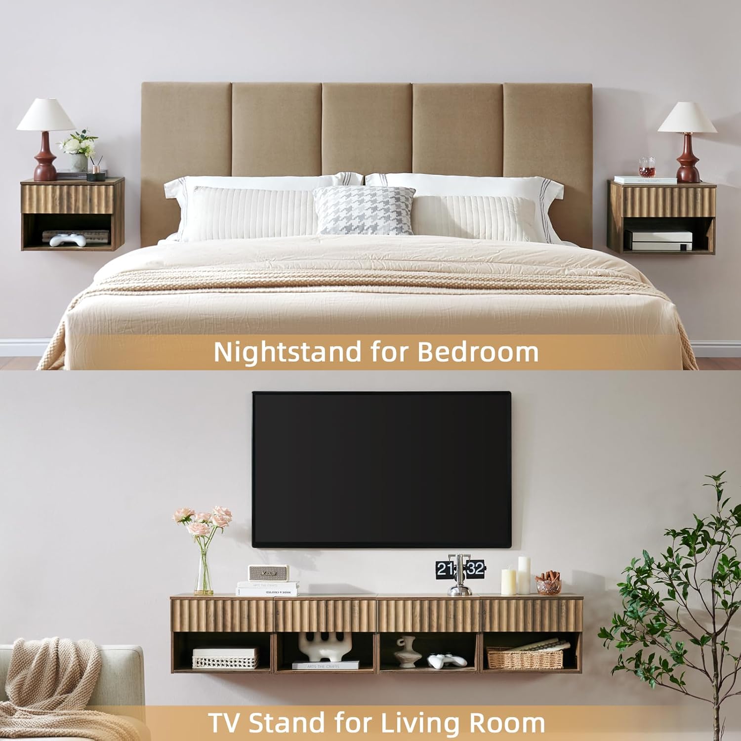 Floating Nightstand with Fluted Drawer - Modern Wall Mounted Bedside Table with Open Storage Shelf, Small Night Stand TV Stand for Bedroom(Rustic Brown, Set of 2)