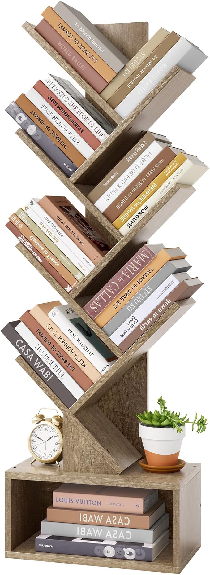Hoctieon 6 Tier Tree Bookshelf, Tall Bookcase with Drawer, Freestanding Book Shelf, Display Floor Standing Storage Shelf, Book Organizer Shelves for Home Office, Living Room, Bedroom, Greige