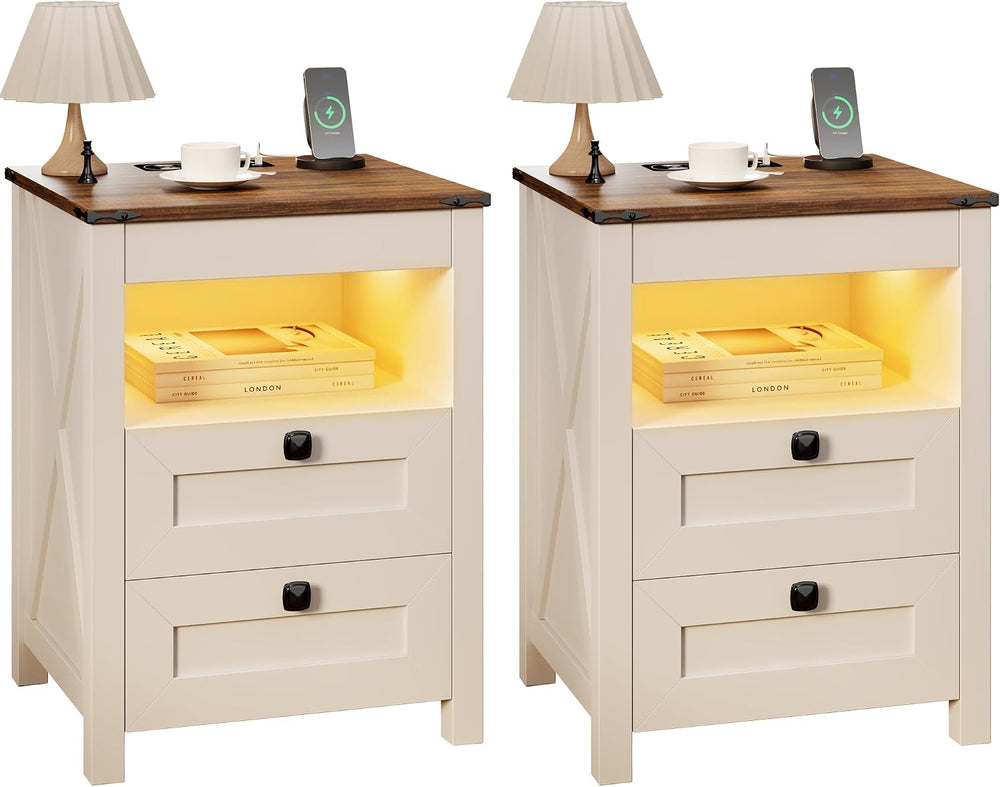HWB LED Nightstand Set of 2 with Gun Drawer: Bedside Table with Charging Stat...