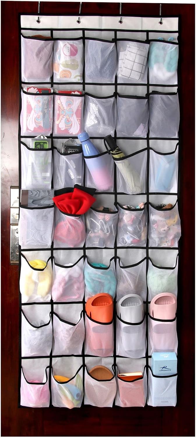 28 Large Pockets Over The Door Shoe Organizer, Hanging Shoe Organizer for Closet, Premium Clear Shoe Rack for Door, Shoes Hanger Organizers Storage Holder for Back of Door and 4 Metal Hook White