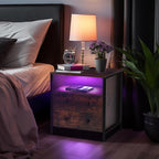 27 Inch Wide Night Stand, Large Wood Night Stand with 2 Drawers, LED Nightstand with Charging Station and Adjustable Drawer, Bedside Table for Living Room/Bedroom/Study/Office, Retro.