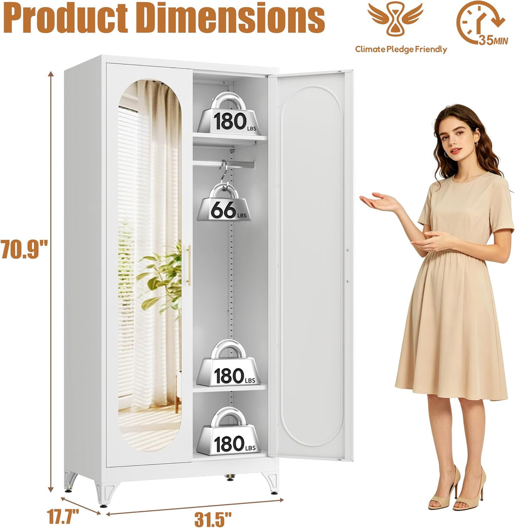Metal Wardrobe Closet with Mirror Doors and 2 Adjustable Shelves | 71"Tall Storage Cabinet with Hanging Rod, White Bedroom Armoires, Steel Wardrobe Cabinet for Bedroom, Gym, Apartment, School