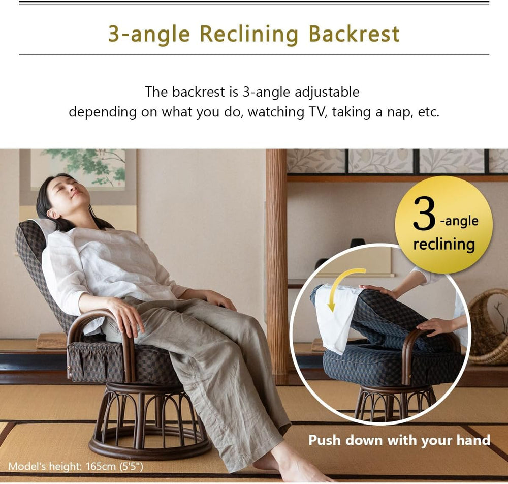 EMOOR Tatami Chair Japanese-Style Swivel Chair RYOKAN (Navy), Natural Rattan ...