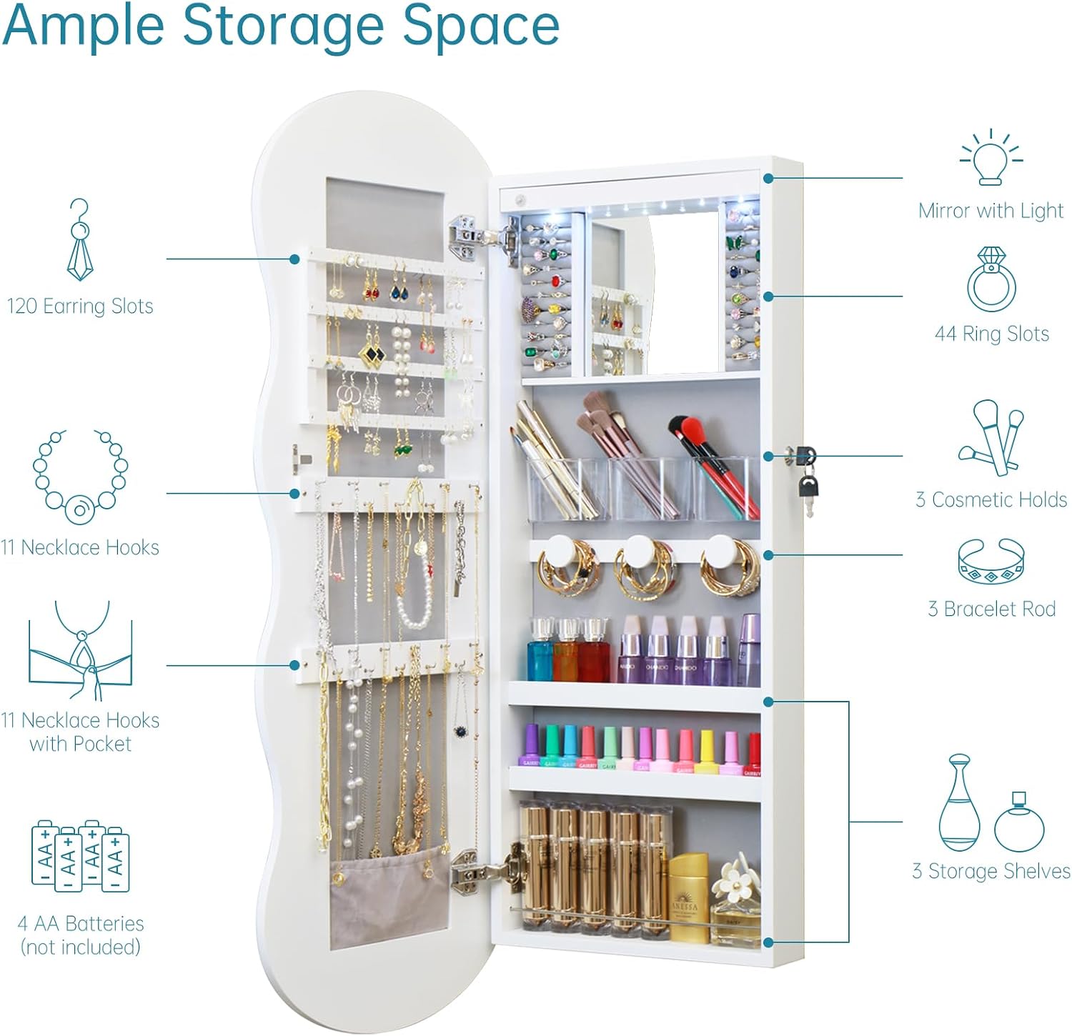 whitebeach Jewelry Armoire Organizer, LED Jewelry Cabinet Wall/Door Mounted | Lockable Wavy Mirror with Storage, Crushed Diamonds Mirror Full Length,Door or Wall Mounted Mirror with Jewelry Storage