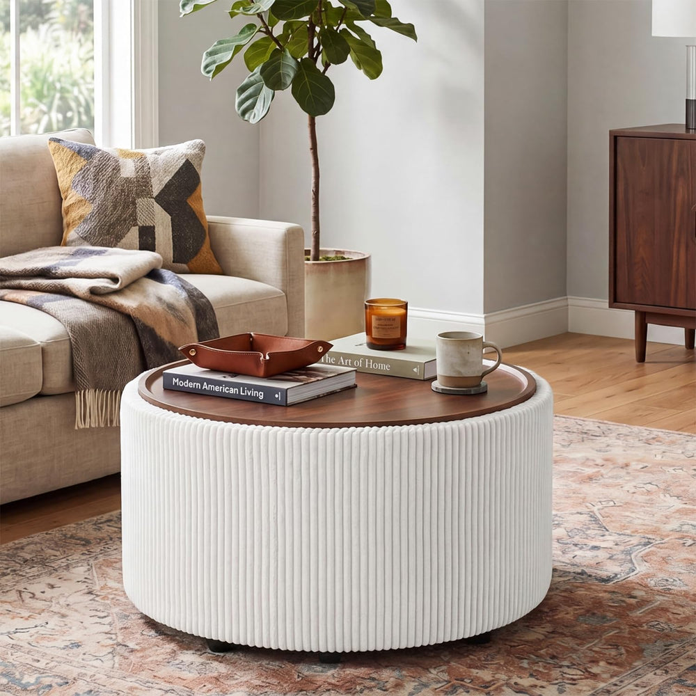 28” Round Storage Ottoman, Ottoman Coffee Table with Tray, Corduroy | Modern ...