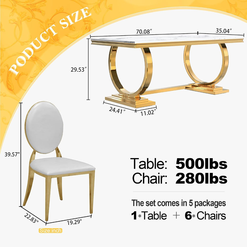 70" Marble Dining Table Set for 6 Gold Base with Kitchen Chairs | Faux M...