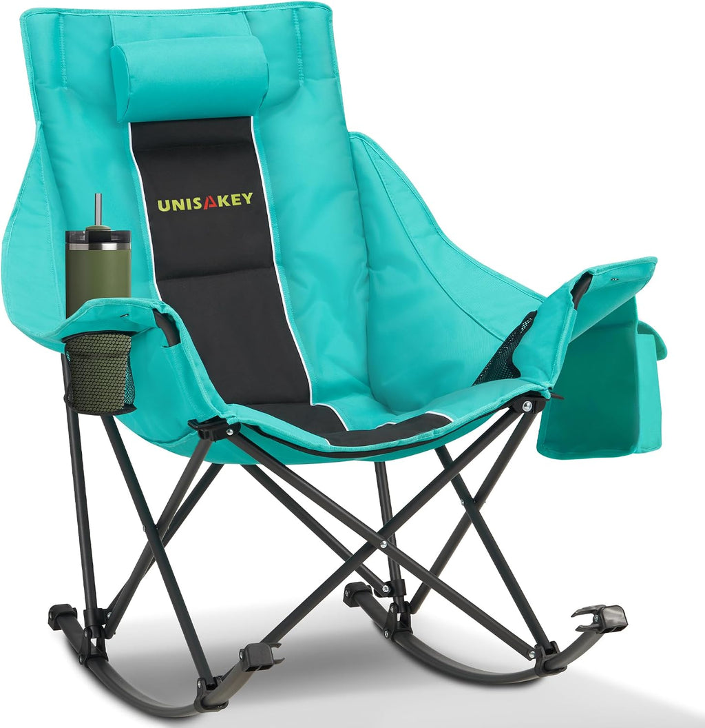 Unisakey Oversized Rocking Camping Chair with Headrest & Cup Holder - 300lbs Capacity, 600D Oxford Fabric, Easy Fold Portable Outdoor Rocker Chair for Camping, Backyard, Beach, Blackgreen
