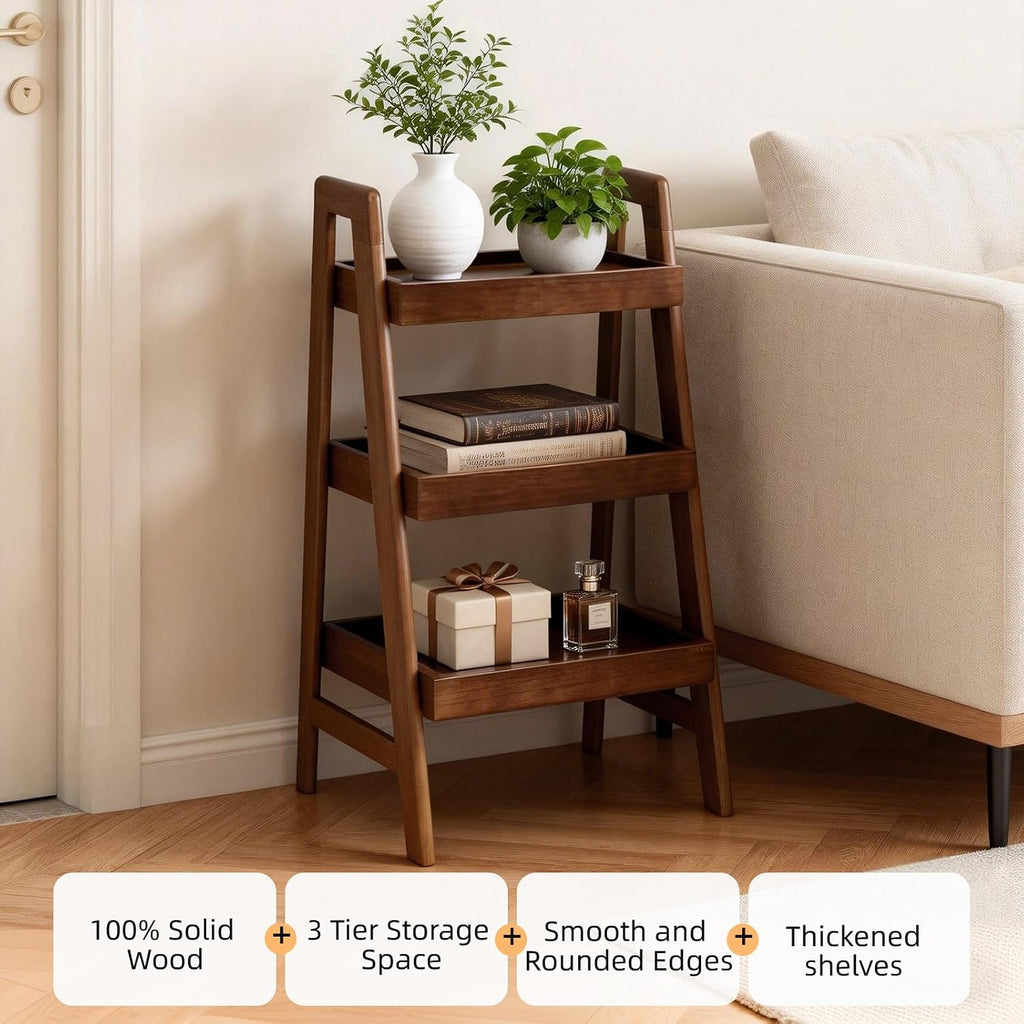 100% Solid Wood Ladder Shelf, 3 Tier Small Ladder Bookshelf, Freestanding Display Ladder Shelves with Open Storage for Living Room, Bedroom, Home Office, Saving Space, Walnut