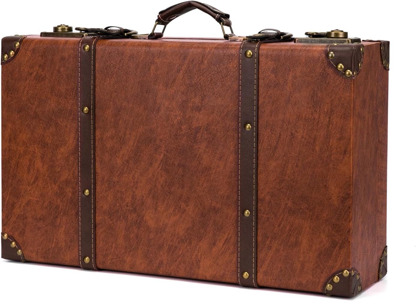 feilario Vintage Leather Storage Trunk, Wooden Core Decorative Prop | Wooden core, leather wrap and riveted corners create vintage charm for decor, photoshoots, gifting and display