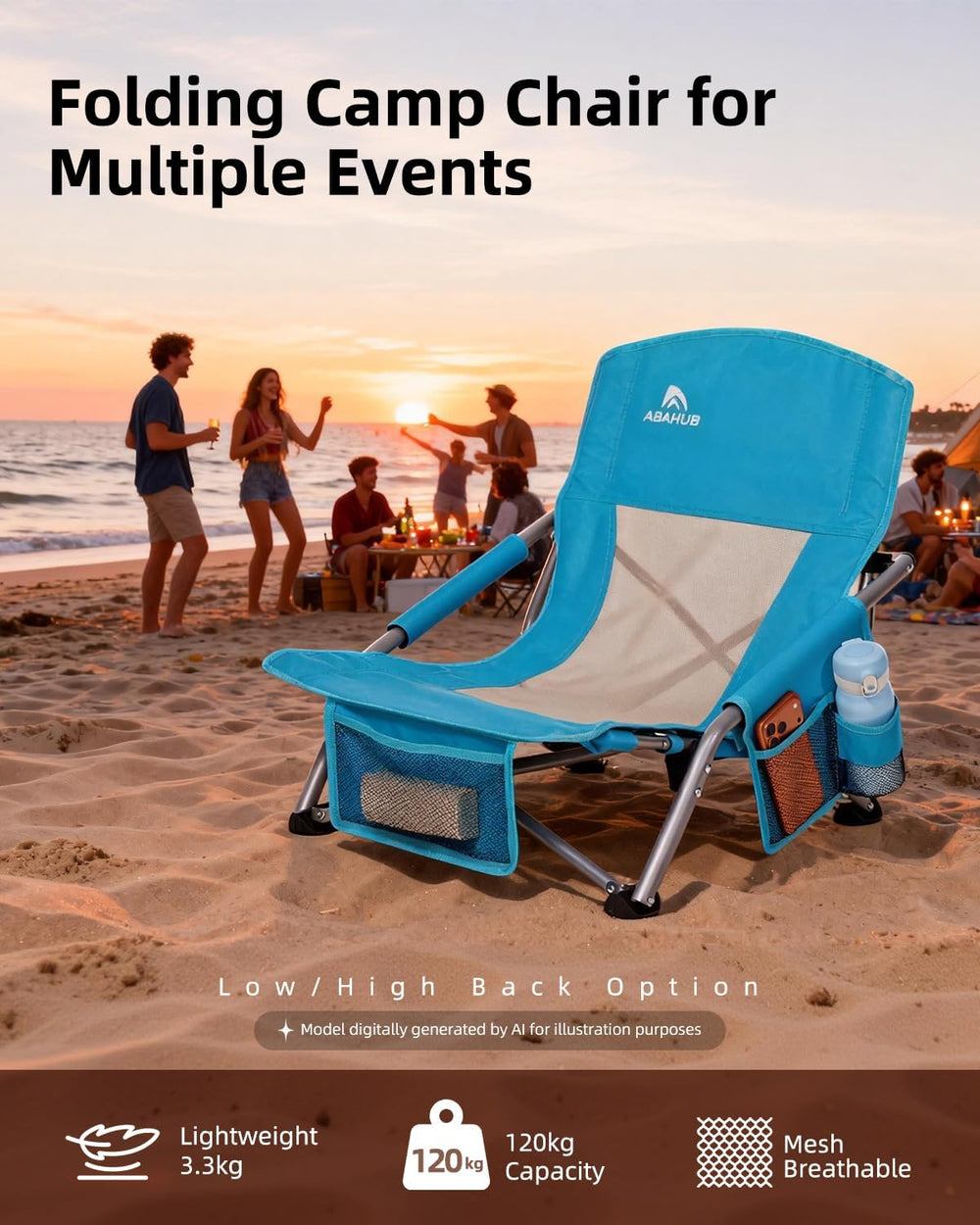 Abahub Beach Chair Low/High Back with Carry Bag Lightweight Comfortable Porta...