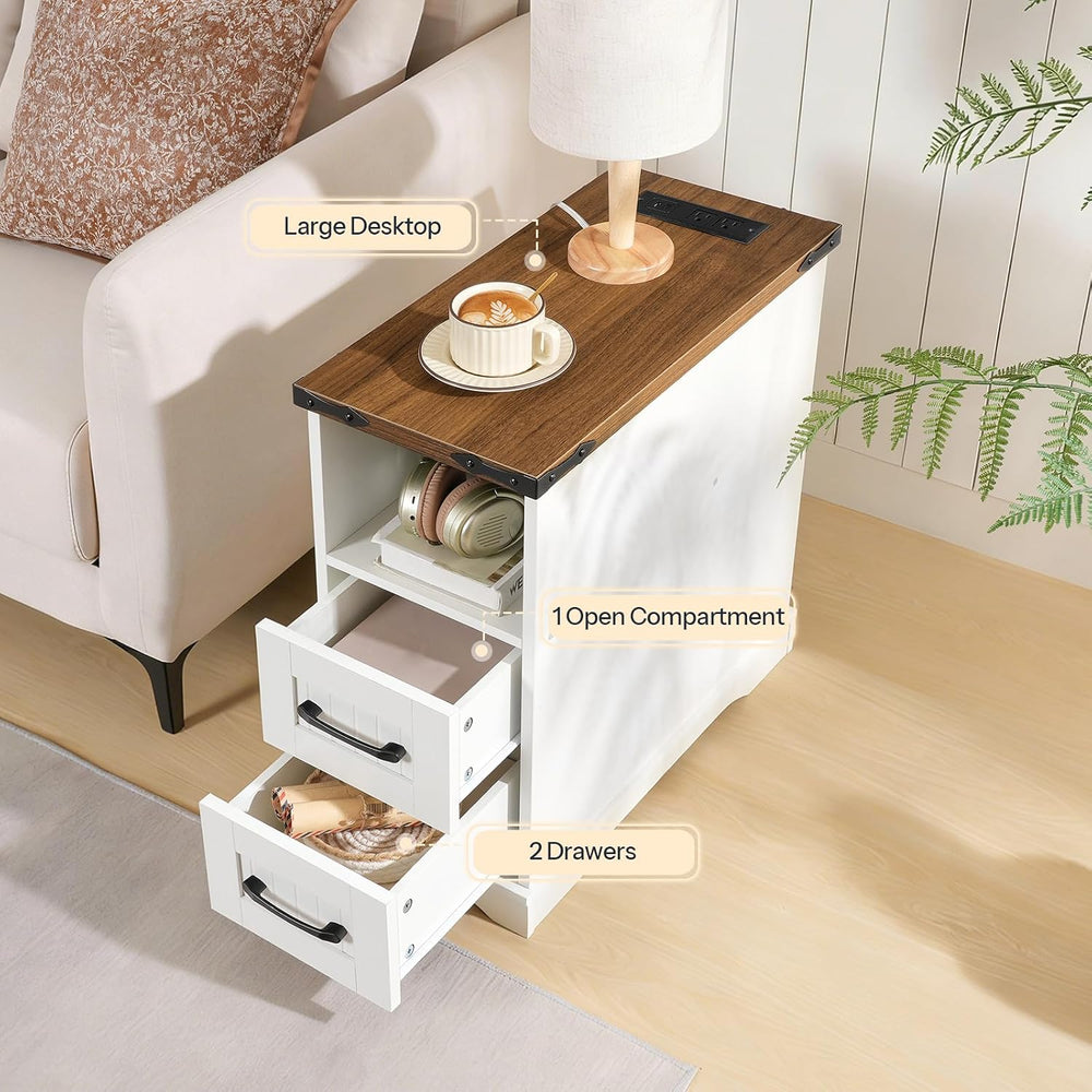 HOOBRO Narrow End Table with Drawers, Farmhouse Nightstand with Charging Stat...