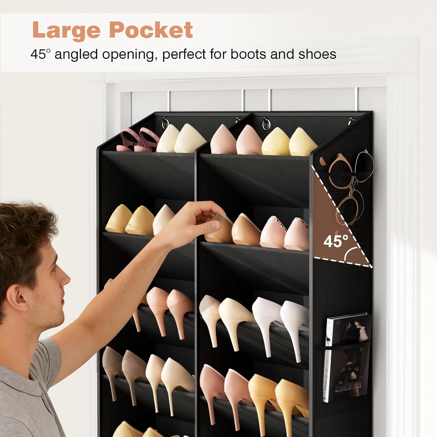LANTEFUL Over the Door Shoe Organizer, Hanging Shoe Rack for Closet Door Shoe Storage for 30 Pairs Sneaker and Boots, Large Shoe Holder for Door with 10 Side Pockets, Space Saving, Black