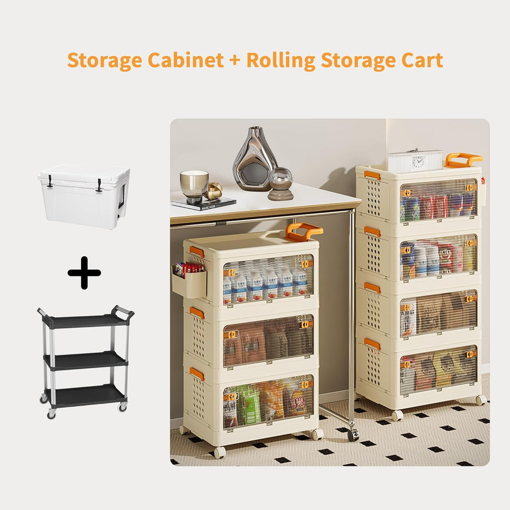 58 QT Stackable Storage Bins with Lids, Rolling Storage Cart with Clear Doors, 5 Tier Storage Utility Cart Drawer, Foldable Storage Cabinet Containers for Home, Office, Kitchen, Bedroom, White