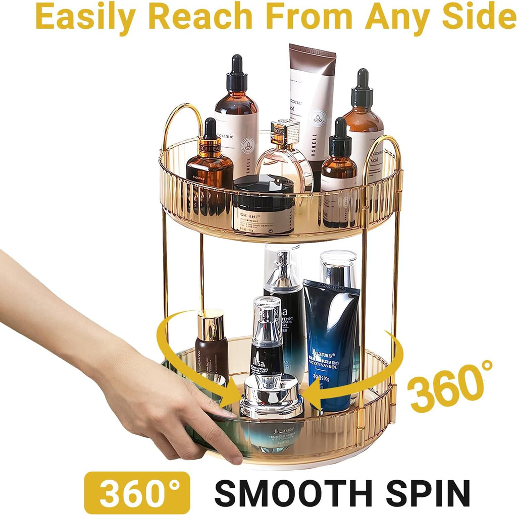 360 Rotating Gold Makeup Organizer,2 Tier Large Capacity Rotating Makeup Organizer,SkincarePerfume Organizer,Bathroom Cosmetics Storage Organizer Countertop (Gold-2 Tier)