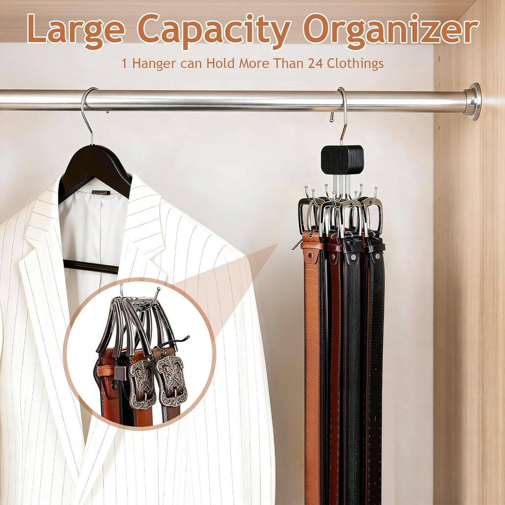 Belt Hanger for Closet, 3 Pack Belt Organizer for Closet Space Saving & Storage, 360° Rotatable & Foldable Hooks, Large Capacity Holder Rack for Tie, Tank Top, Bra, Purse, Hat (Black)
