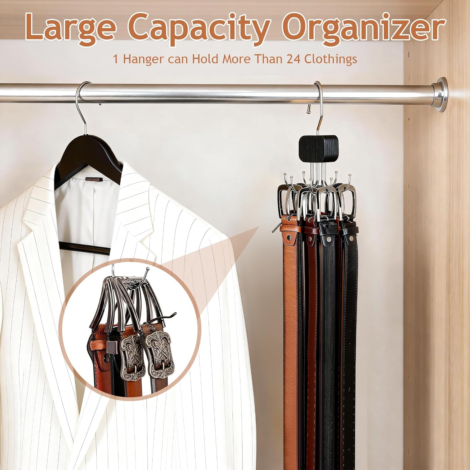 Belt Hanger for Closet, 3 Pack Belt Organizer for Closet Space Saving & Storage, 360° Rotatable & Foldable Hooks, Large Capacity Holder Rack for Tie, Tank Top, Bra, Purse, Hat (Black)