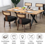 Upholstered Rattan Dining Chairs Set of 2, Mid-Century Modern Fabric Dining Room Chairs with Brown Hardwood Frame, Curved Backrest Kitchen Armless Accent Chairs for Living Room (Black)