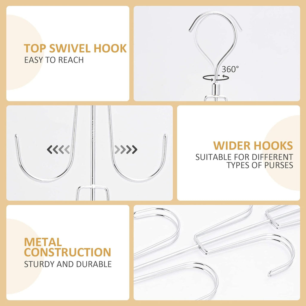 ZEDODIER 2 Pack Purse Organizer for Closet, Rotatable Purse Hanger Bag Holder, Max 16 Storage Capacity Backpack Rack, Metal Space Saving Hanger, Silver
