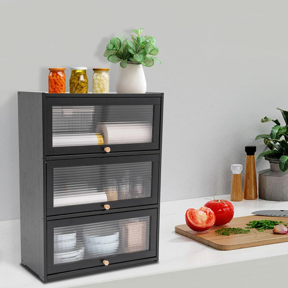 3 Tier Kitchen Pantry Storage Cabinet with with 2 Sliding Striped Glass Doors...