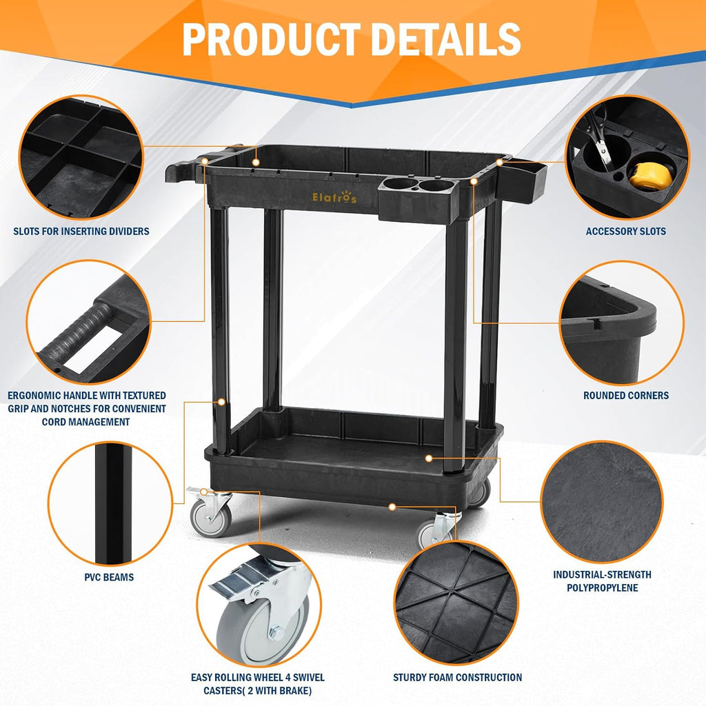 ELAFROS Heavy Duty 2-Shelf Utility Cart, 28x19 Inch, 330 lbs Capacity, Industrial Plastic, Locking Swivel Wheels - Multipurpose Service Rolling Cart for Home, Office, Industrial Use