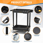 ELAFROS Heavy Duty 2-Shelf Utility Cart, 28x19 Inch, 330 lbs Capacity, Industrial Plastic, Locking Swivel Wheels - Multipurpose Service Rolling Cart for Home, Office, Industrial Use