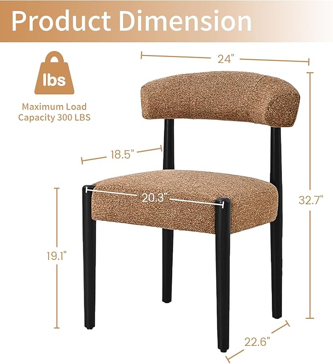 VKNOW Wooden Dining Chairs Set of 6, Modern Upholstered Dining Room Chairs with Black Rubberwood Legs and Curved Backrest, Fabric Kitchen Chairs for Dining Room, Orange(Black Legs)